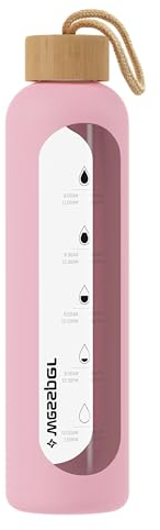 Wessper Borraccia in Vetro con Manicotto in Silicone, Bottiglia d'acqua con Indicatori di Tempo, in vetro Borosilicato Trasparente, per Monitorare l'assunzione Giornaliera di Acqua 0.5L, Rose