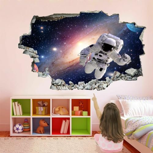 3D Wandtattoo I Wandbild Astronaut Wandaufkleber I Wandsticker Durchbruch Milchstraße Poster Fensterblick I Wand Deko Aufkleber für Wohnzimmer Schlafzimmer Küche Türaufkleber 90x60cm