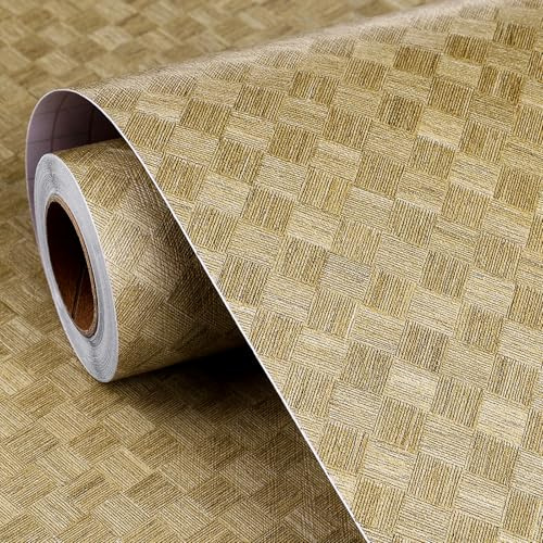 FunStick Tan Brown Grasscloth Peel and Stick Wallpaper Textured Squares Woven Linen Fabric Wall Paper for Bedroom Bathroom Kitchen Vinyl Wrap for Cabinets Waterproof Brown Contact Paper Vintage 12x200