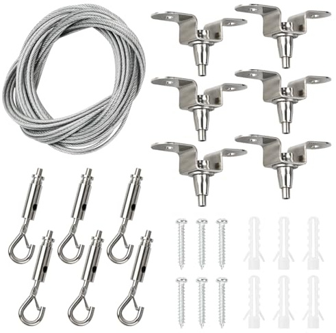 6 Pezzi Cavo di Sospensione Regolabile in Acciaio Inox, Kit Montaggio Pannelli LED con Gancio e Morsetto Automatico, 1,5mm Fune Corda per Appendere Pannelli, Cornici Foto, Luci, Max 30 KG (A)
