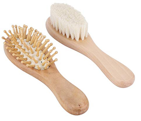 Baby-Haarbürsten- und Kamm-Set Neugeborene, Holz-Haarbürsten- und Kamm-Set, Ziegenhaarborsten Neugeborene, Kleinkinder, Tägliche Pflege