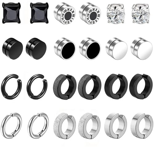 12 Pares Falsos Pendientes Iman Hombre Pendientes Sin Agujero Acero Inoxidable Pendientes Clip Hombre Magnéticos Pendiente CZ Magnet Mujer Aro Pendientes Set Negro Plata