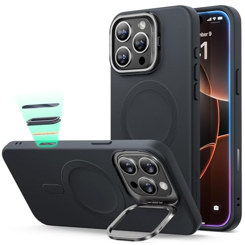 ESR for iPhone 16 Pro Max Case, Silicone Case with Stand, Compatible with MagSafe, Built-In Camera Stash Stand, Cloud Series, Black