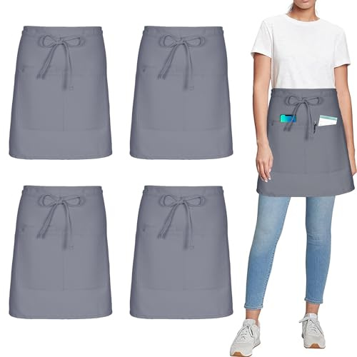 umboom 4 Stück Vorbinder Schürze, Kurz Kellner schürze mit 3 Taschen für Herren Damen Koch Küchen Grill (Polybaumwolle)