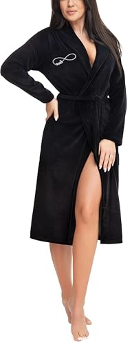 Aquarti Peignoir en velours pour femmes, robe de chambre Nicki avec col châle à nouer, Noir, XL