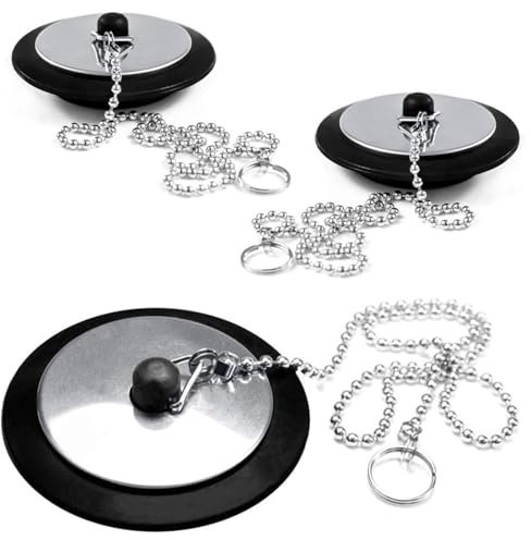 3 Pcs Universal bath plug, Bathroom Sink Plug Replacement, Drain Stopper for Bathroom Kitchen, Kitchen Sink Plug with Stainless Steel chain (Size 1.65in To 1.77in, Chain 15.8in)