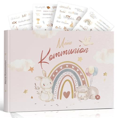 Legezon Kommunion Erinnerungsalbum Kommunion Geschenk zur Erstkommunion Junge & Mädchen Gästebuch Kommunion Inclusive Aufkleber Kommunion 72 Seiten (Niedlich Regenbogen)