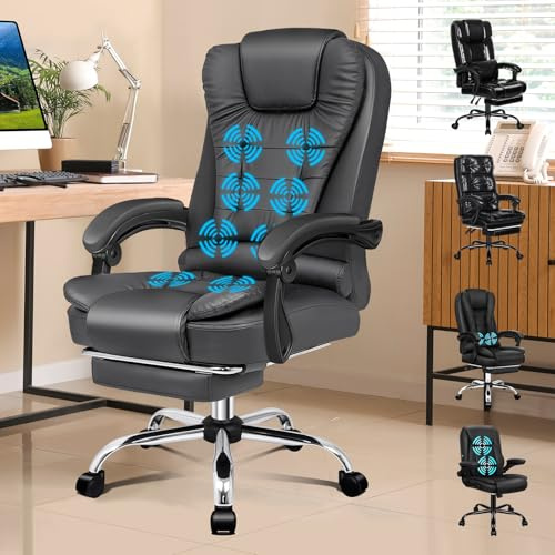 ALFORDSON Bürostuhl mit Massagefunktion, ergonomisches Design mit großer Sitzpolsterung, Lendenwirbelstütze, Rollen, für reibungslose Mobilität im Büro, Grau