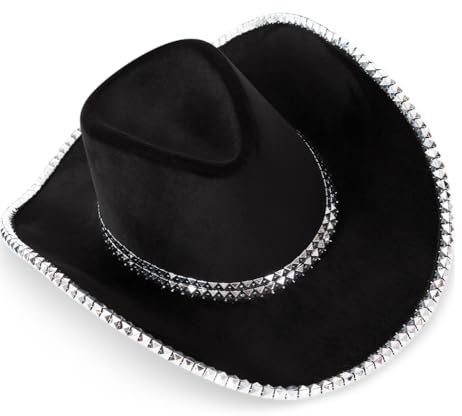 FRIES Cowboyhut schwarz mit Glitzer | Sheriff Hut Wilder Westen | Cowgirl Cowboy