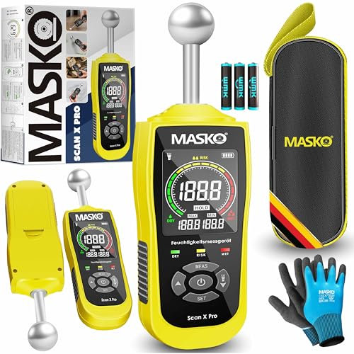 MASKO® Feuchtigkeitsmessgerät Feuchtigkeitsmesser Wand Boden, Holz & Baustoffe Estrich Beton Gips zerstörungsfreie Messung Pin-Typ Feuchtemessgerät HD-Display, Alarm, Taschenlampe & Datenhaltefunktion