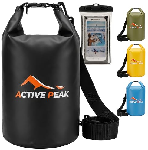 Active Peak® Dry Bag – Vattentät roll-top väska 2L 5L 10L 20L – Slitstark torrsäck för mobil och nycklar – Strand-, båt- & simväska inkl. vattentätt mobilfodral (Svart, 2 liter)