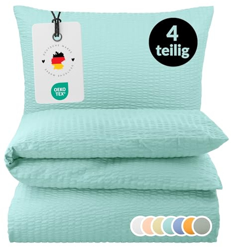 Carpe Sonno Seersucker Bettwäsche 135x200 cm 2er-Pack Baumwolle – Grün | Kühlende Sommerbettwäsche mit Reißverschluss, bügelfrei | Deckenbezug + Kissenbezug 80x80 | ganzjährig, pflegeleicht