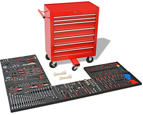 Werkstattwagen mit 1125 Werkzeugen, Tragbar Werkzeugkoffer für professionelle Mechaniker, 69 x 33 x 77.2 cm, Stahl Rot