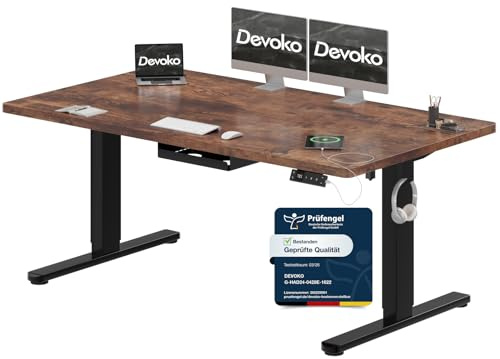 Devoko Höhenverstellbarer Schreibtisch 160x80cm mit Typ-C Ladeanschluss, Schreibtisch Höhenverstellbar Elektrisch, Mobiler Elektrisch Computertisch mit Kabel Management Tray, Vintage-Braun