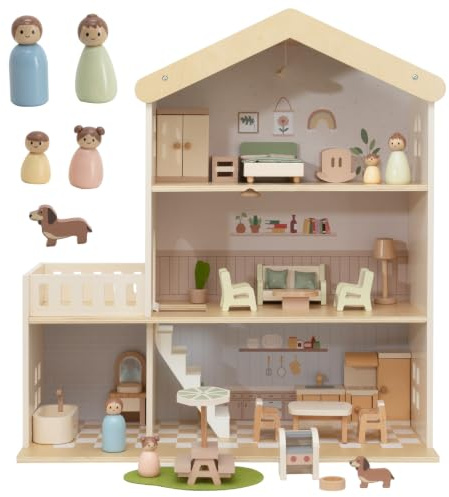Nene Toys Casa delle Bambole in Legno con Mobili, 3 Piani, Dai 3 Anni | Casa Bambole 28 Pezzi con Mobili, Famiglia, Cane, 3 Piani, Stanze Pastello e Gioco di Imitazione per Bambini