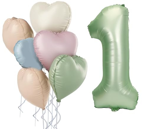 Grün Luftballon 1.Geburtstag,Salbeigrün 1. Geburtstag Ballon Deko,32 Zoll luftballon 1. mit Herz Folienballons，für 1 Jahr Geburtstagsdeko Junge Mädchen,Jubiläum Party Dekoration