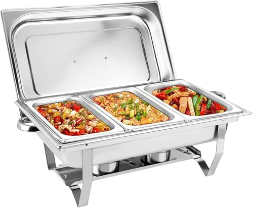 WJYTDHIQS 9L Edelstahl Warmhaltebehälter Buffetwärmer, Wärmebehälter Rechaud, Mahlzeit Chafing Dish Profi Set, mit Faltbaren Beinen Wärmebehälter, für Catering, Buffet und Party, Rostfrei, 3X 1/3 GN