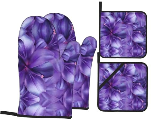 Set di guanti da forno e presine, guanti da cucina con stampa di fiori di giglio viola, guanti da forno da cucina resistenti al calore