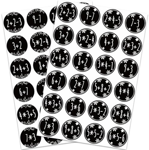 48 Adventskalender Zahlen Aufkleber mit Rechenaufgaben - Weihnachten Adventskalender Aufkleber 1-24 - 4cm Zahlenaufkleber zum Basteln und Dekorieren