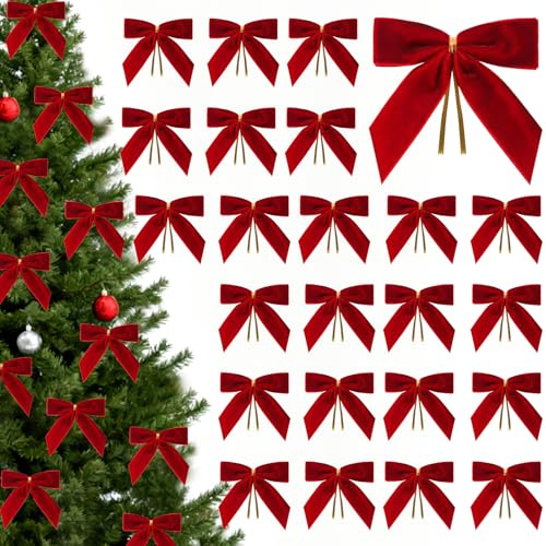CCILAND 24 Pcs Red Small Velvet Bows for Christmas Tree, 3.54 Inch Mini Christmas Bows for Gift Wrapping, Twist Tie Velvet Bows Xmas Ornaments for Wreath, Crafts, Party, Wedding