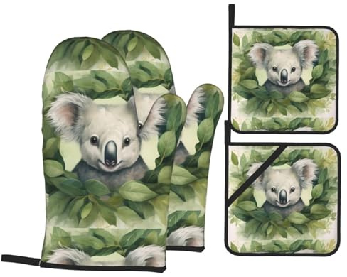 4 pezzi Forno E Presine Guanti Green Koala Pattern Guanti Da Cucina Divertenti Guanti Da Barbecue Per Grigliare, Cucinare, Microonde