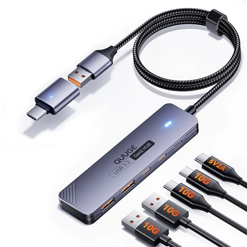 QUUGE Hub USB 3.2 avec 4 Data Ports 2 USB-A & 2 USB-C 3.2, Adaptateur Multiport USB Nylon Câble 120CM, Aluminium Hub USB pour PC, MacBook Air, Mac Pro, iMac, Surface, Disque Dur Mobile, clés USB, etc