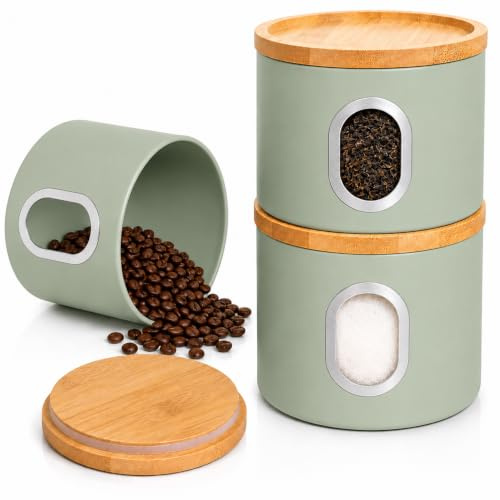 Tea Coffee Sugar Canister Set Storage Jar with Airtight Lids PVC Window | Kitchen Food Storage Jars for Snacks Beans Dry Goods Pantry Organisation & Countertop Use