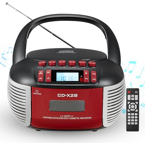 DGXWLLW CD and Cassette Player Combo, Portable CD Player Boombox with Bluetooth/FM Radio/AUX/USB/Remote Control, Tape Recording Headphone Jack LCD Display Stereo Sound DC 5V 2A/6 C Battery Powered