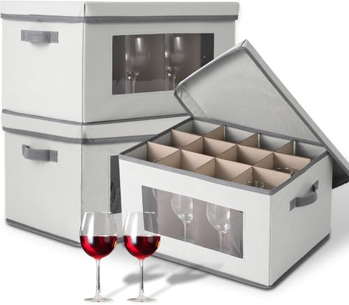 GarveeMore 3 Pack Wine Glass Storage Box with Lid, 16.5X13X10 Foldable Packing Boxes for Moving Crystal Glassware with 12 Compartments Clear Window Panel Glassware Holder, Grey