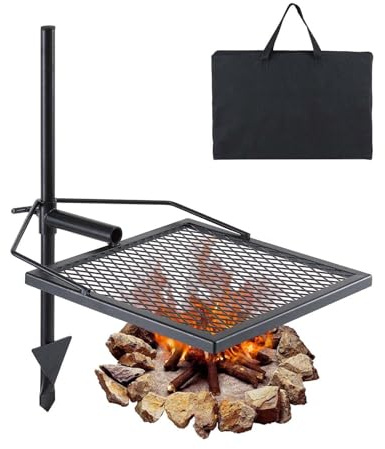 Campfire Grill Grate, 360° Swivel Fire Pit Grill, Heavy Duty Steel Outdoor Cooking Equipment, Portable Camping Grill Rack for BBQ & Open Fire