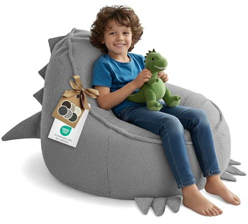 DreamRoots Sitzsack Kinder Bouclé, Dino Form, Kindersessel, Hellgrau | 315 g/m², OEKO-TEX, mit Schaumstoffflocken, Sessel Kinderzimmer, Waschbarer Bezug
