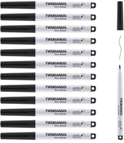 TWOHANDS ultrafeine Magnetische Whiteboard Marker Schwarz 12 Stifte 0,7 mm | 0,7 mm Spitze mit Magnet und Radierer, Geruchsarm und Leicht Abwischbar, für Flipcharts, Memoboard Und Magnettafeln, 20666