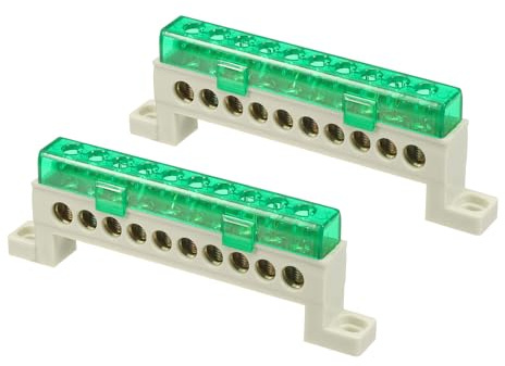 sourcing map 2 barre terminali a terra, 10 posizioni a vite, in ottone, morsettiera 7 x 11 mm, blocco di terra per apparecchiature elettriche, scatola di distribuzione, verde