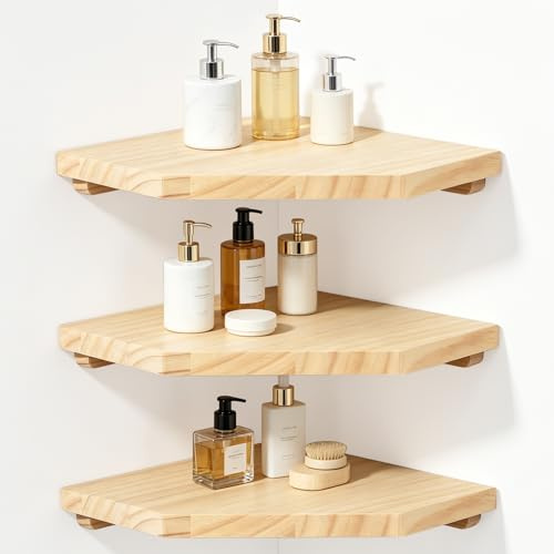 lalago 3 Unidades Estantería de Esquina Colgante de Madera 28,5 cm, Estantería Esquinera Colgante Color Madera Natural Maciza con Extremos Redondos de Pared para Cocina, Baño, Dormitorio y Salón
