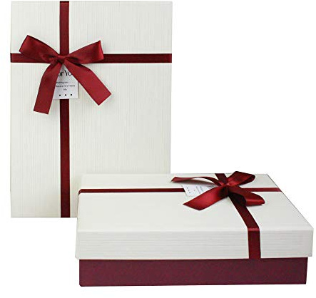 Emartbuy Uppsättning av 2 styva lyxiga rektangelformade presentförpackningar, 33,5 cm x 25 cm x 11,5 cm, texturerad vinröd låda med krämlock, chokladbrun insida och satindekorativt band