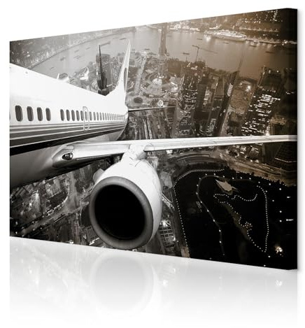 decomonkey Bilder Flugzeug 120x80 cm 1 Teilig Leinwandbilder Wandbild Stadt | Strukturleinwand, Holzkeilrahmen, Bild auf Leinwand, Kunstdruck, Wanddeko, Wohnzimmer, Wanddekoration, schwarz, weiß