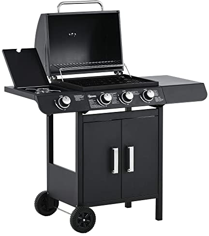 Outsunny 3+1 Burner Gas BBQ Grill, Outdoor Barbecue Trolley with Wheels, Warming Rack, Side Shelves, Cabinet, Thermometer for Garden, Party, Camping, 110L x 50W x 100Hcm, Black