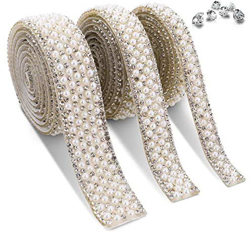 Thinp 3 Rolls Pearl Rhinestone Ribbon, Self Adhesive Stickers Diamond Ribbon Crystal Strips for DIY Wedding Birthday Party Crafts Phone Shoes Decorations (3 Different Sizes)