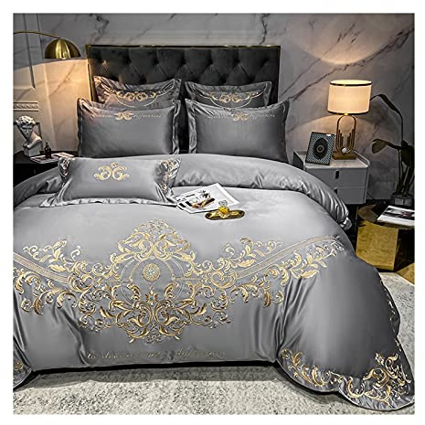 Juego de Ropa de Cama de 4 Piezas Lujoso Puro algodón Bordado Juego de Funda edredón Sábanas Conjunto 1 Funda edredón +1 Funda Almohada +1 Sábana Bajera (Color : Silver B, Size : 180x200+22 cm)
