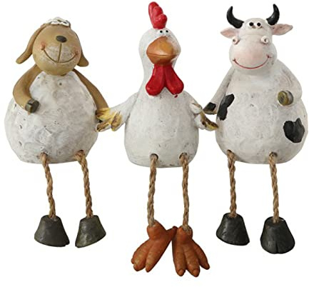 ReWu Dekofigur Dekoaufsteller Kantenhocker Coole Farmtiere 3er Set Kuh, Schaf, Hahn aus Kunstharz Gartendekoration Wohndekoration