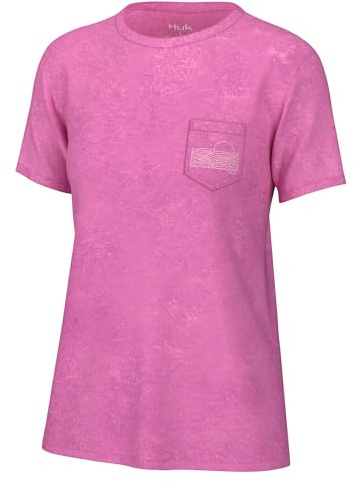 HUK Womens Short Sleeve Mineral Wash Pocket Tee, Fishing T-Shirt for Women, Neon Coral, Medium