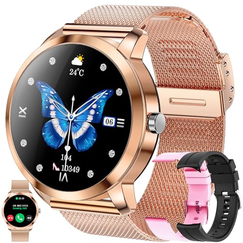 Smart Watch Kvinnor med Telefonsamtal, Talassistent, Smartwatch 3 Armband, 1,09” Rund HD-skärm Smart klocka, Sömnspårare Pulsmätare, 123 Sportlägen, Fitness tracker Smartwatch för Android iOS (Guld)