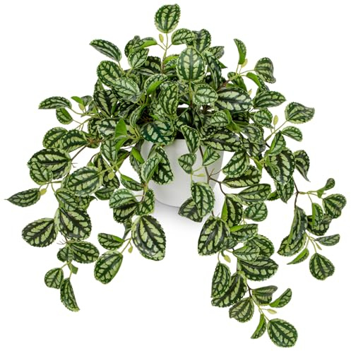 Briful Fake Plants Indoor Artificial Potted Silk Plants Faux Watermelon Peperomia Trailing Vine Plant for Home Office Livingroom Desk Shelf Mantle Decoration(Green/White - 1 Pack)