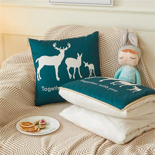 Hixingo Reisedecke und Kissen 2 in 1, Reisedecke mit Kissen Set Multifunktionale Reise Decke und Kissen 2 in 1 Weichem Flugzeug Verwandlungskissen für Urlaub, Camping (Hirsche,40x40CM)