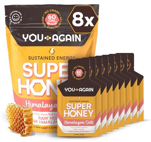 You Again Super Honey Clean Energy Gel, Honey & Himalayan Salt | Electrolyte Replenishment Running Fuel | Endurance Workouts & Cycling Gel | Paleo & Carnivore Snack | Gluten-Free | USA Made | 8-Pack