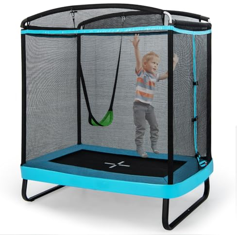 LIFEZEAL Trampolin mit Schaukel für Kinder, Kindertrampolin mit Schutznetz & Tür, Gartentrampolin mit Randabdeckung, Trampolin für Indoor & Outdoor (Blau)