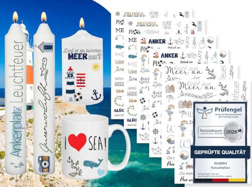 Sugeru 6 PCS Kerzentattoo (200+ Muster),Wassertransferdruck |wasserschiebefolie kerzen | Kerzenfolie | kerzenaufkleber sticker | Kerzen dekorieren (Maritim II)