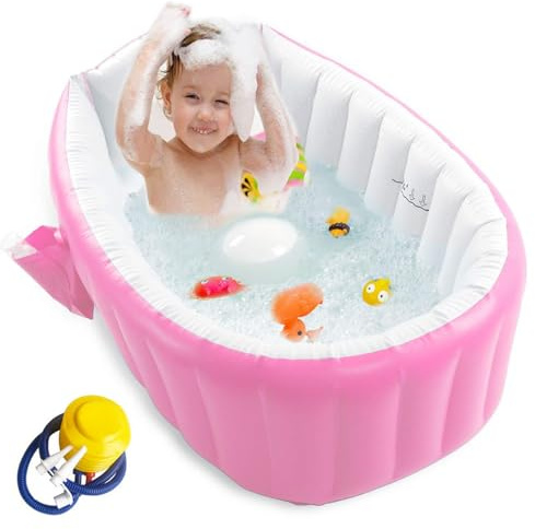 Inflatable Baby Bathtub ，Portable Inflatable Baby Bathtub - Non-Slip, Foldable Design with Air Pump - Essential Travel Bath for Newborns (Pink)