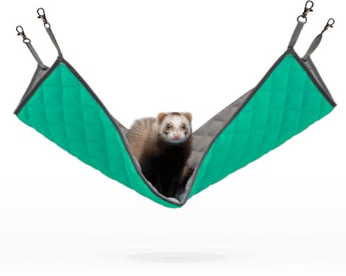 Paw Inspired Hanging Fleece Hammock for Ferrets, Rats, Chinchillas, Sugar Gliders, Cats, Small Pets | Hideout Toy for Guinea Pigs, Hamsters | Swivel Clips for Small Animal Cages (Gray/Green)