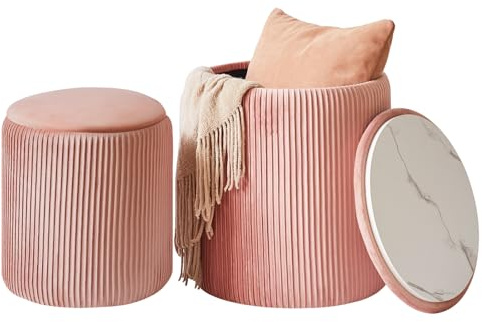 IBUYKE Uppsättning av 2 runda ottoman med förvaring, sminkpall i sammet, modernt vadderat säte soffbord, mångsidig fotstödsstol för vardagsrum och sovrum, rosa WBD005P
